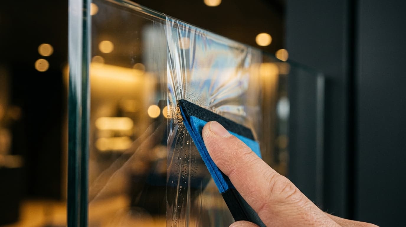 An installer squeegees security window film onto a pane of glass.