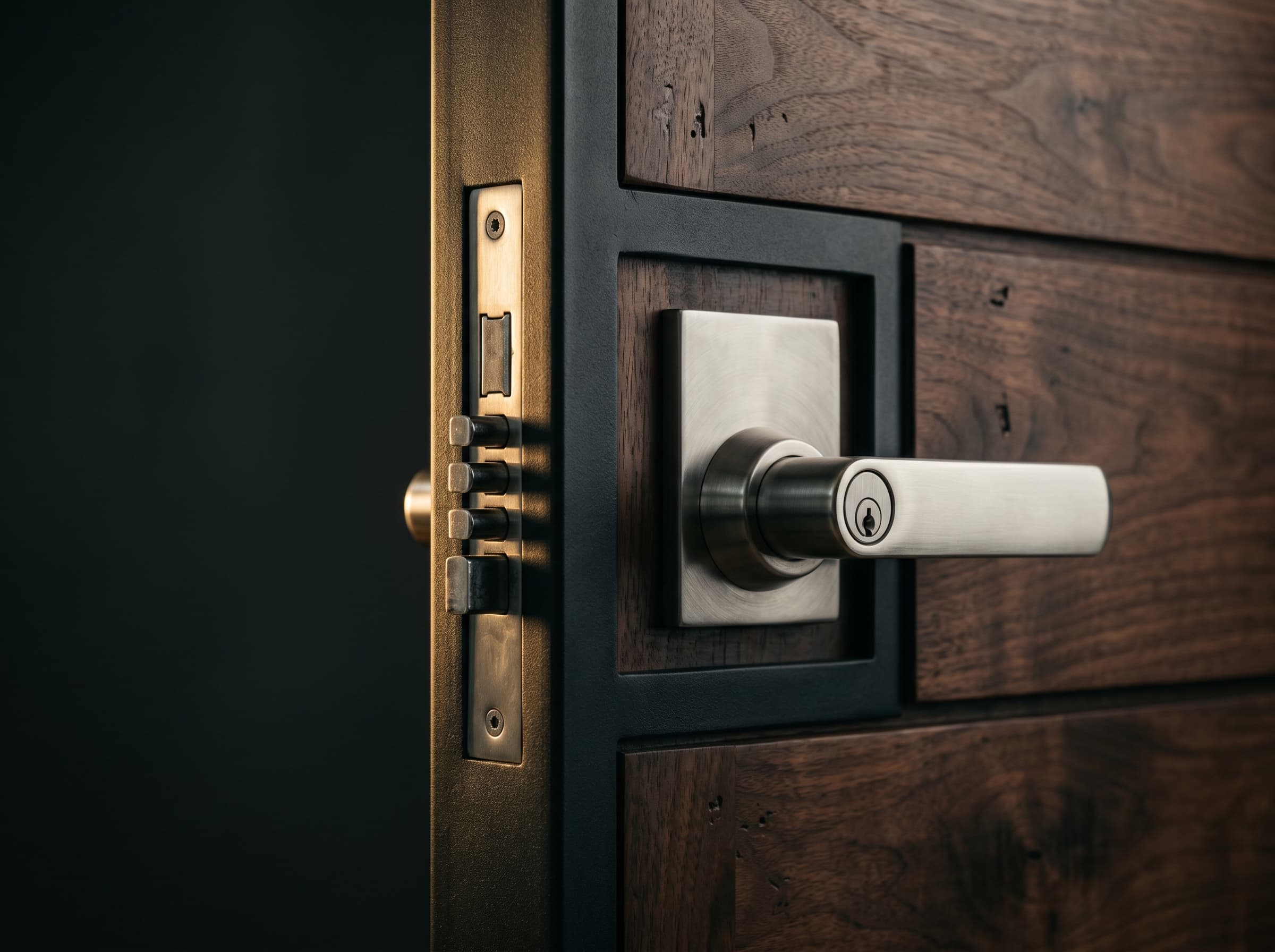 Close-up of a reinforced door edge with a multi-point steel lock.