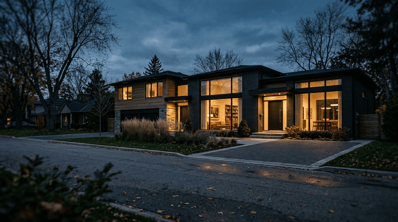 A protected home at dusk on a quiet Ontario street.