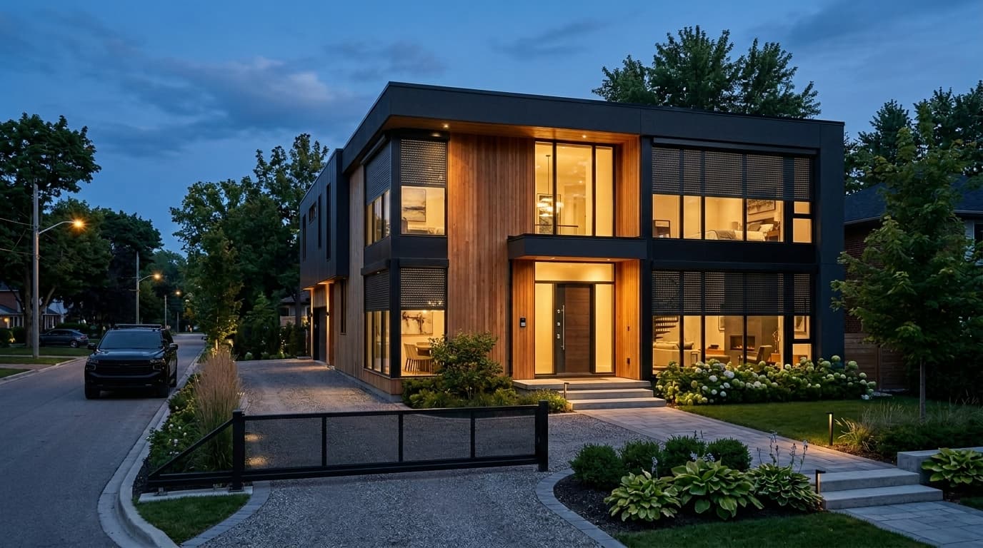 A modern Ontario home at dusk with security roller shutters lowered over the windows.